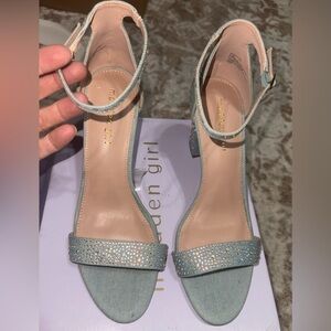 Madden Girl Light Blue Denim Rhinestone Ankle Strap Heels